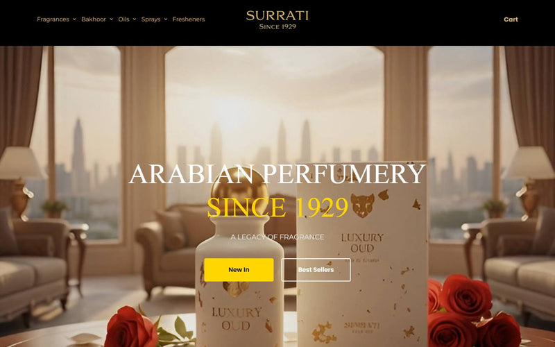 The Surrati perfume shop website we built, on a laptop