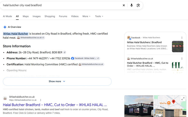 Google search for a halal butcher on City Road, Bradford: the AI Overview names Ikhlas Halal Butcher and cites the website we built, which is also the top result