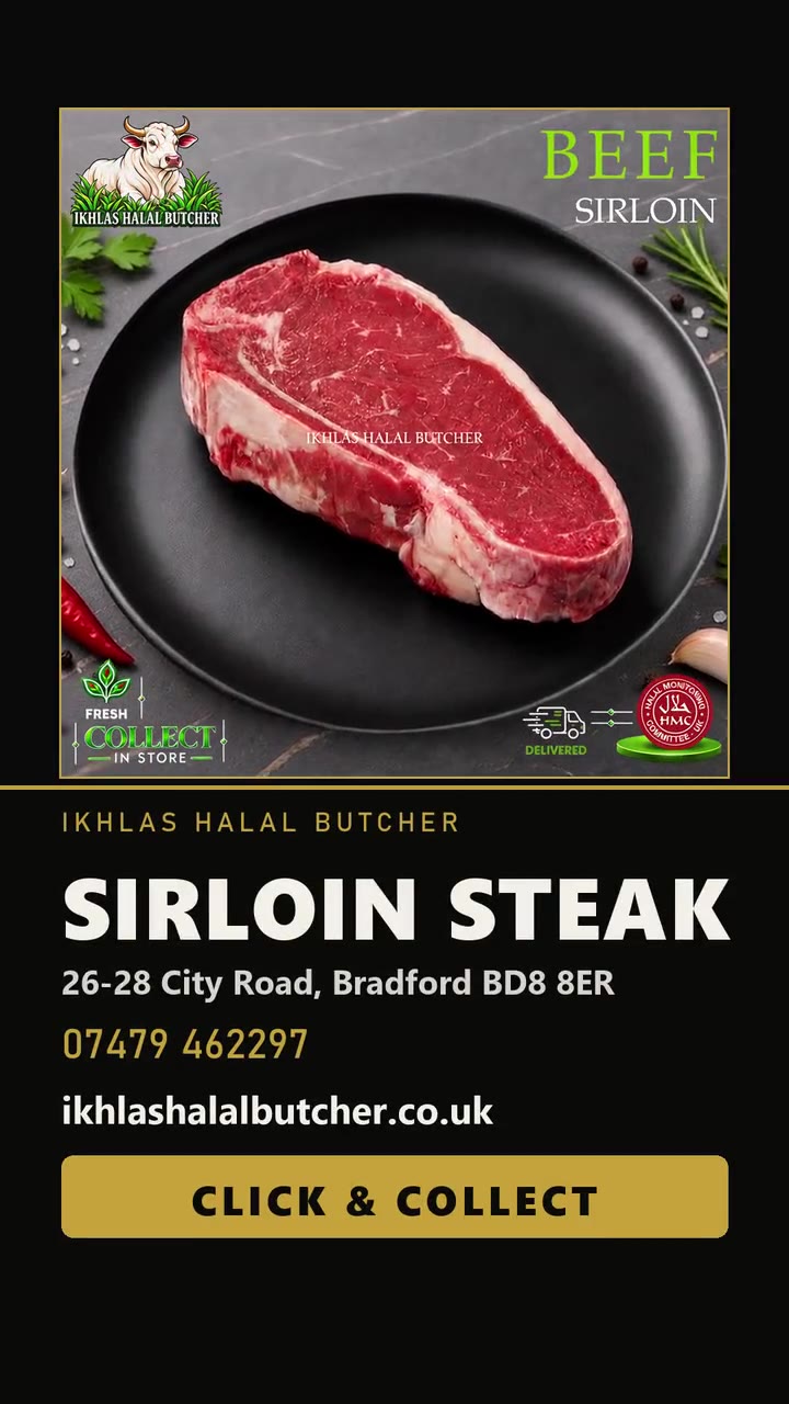 Ikhlas Halal Butcher sirloin steak poster for social media