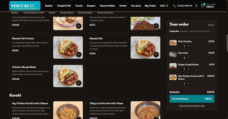 Kebab house website template by Veritas UI, online ordering page with menu and basket