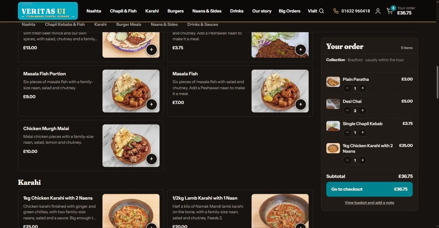 The kebab house template ordering page on a laptop: tabs, dishes, basket and collection time
