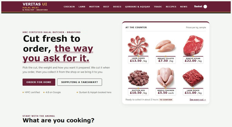 Halal butcher ordering website template by Veritas UI, homepage on desktop