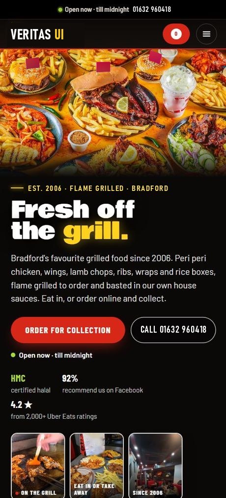 Flame grill ordering website template by Veritas UI on a phone