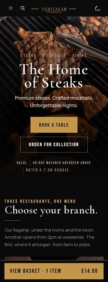 Steakhouse ordering website template by Veritas UI on a phone