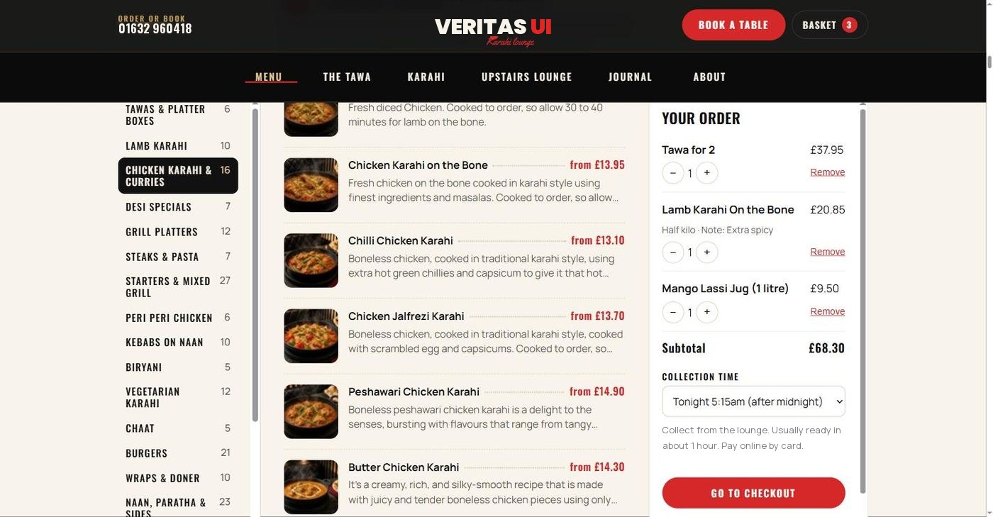 The karahi lounge template ordering page on a laptop: tabs, dishes, basket and collection time