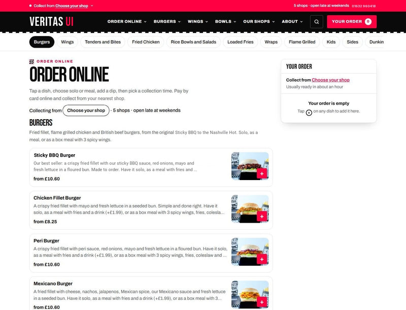 Chicken shop group website template by Veritas UI, online ordering page with menu and basket
