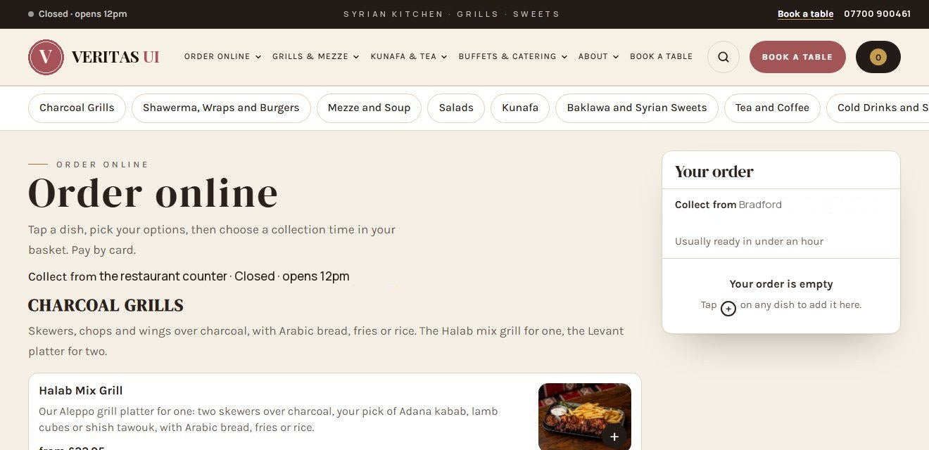 Middle Eastern restaurant template website, ordering page
