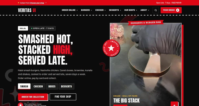 Smash burger chain ordering website template by Veritas UI, homepage on desktop