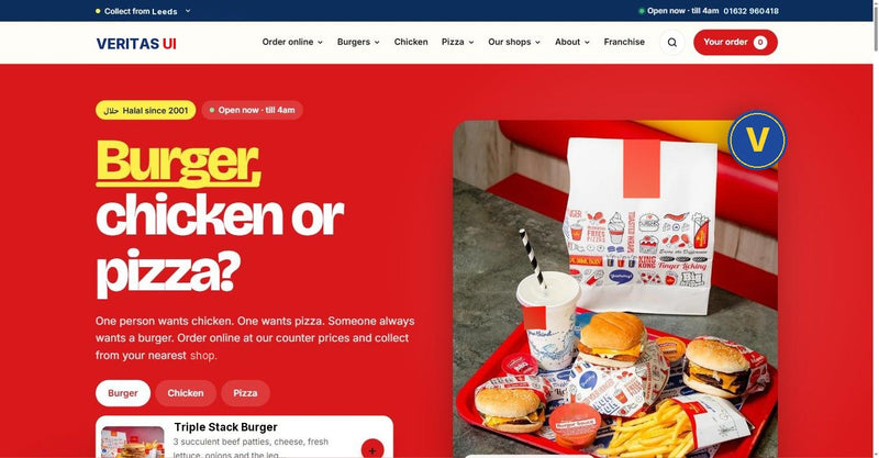 Burger and pizza chain ordering website template by Veritas UI, homepage on desktop