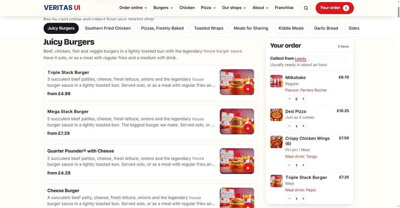 Burger and pizza chain website template by Veritas UI, online ordering page with menu and basket