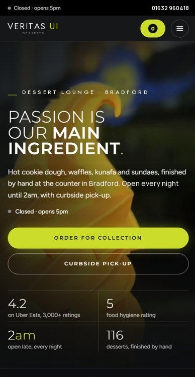 Dessert shop ordering website template by Veritas UI on a phone