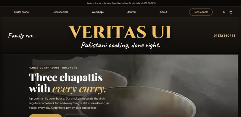 Black and gold restaurant ordering website template by Veritas UI, homepage on desktop